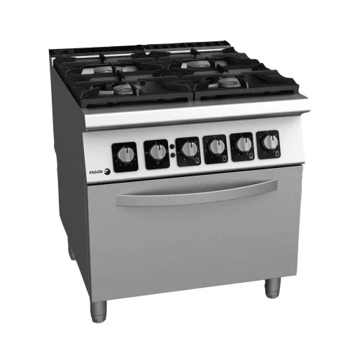 Fagor tűzhely, gázüzemű, 4 zónás, GN2/1 elektromos sütővel