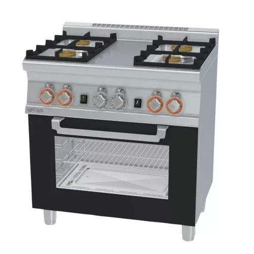 Lotus tűzhely, gázüzemű, 4 égőfejjel, gázüzemű statikus és grill sütővel, GN1/1