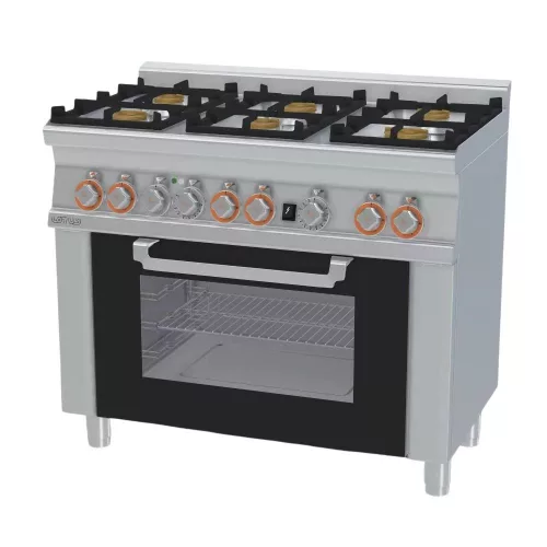 Lotus tűzhely, gázüzemű, 6 égőfejjel, gázüzemű statikus és grill sütővel, GN1/1