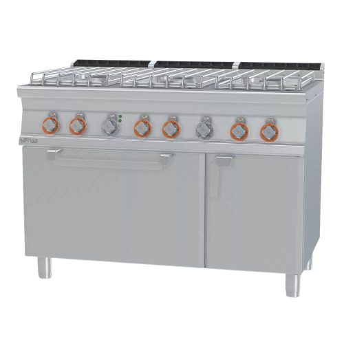 Lotus tűzhely, gázüzemű, 6 égőfejjel, elektromos statikus sütővel, GN2/1, tárolóval