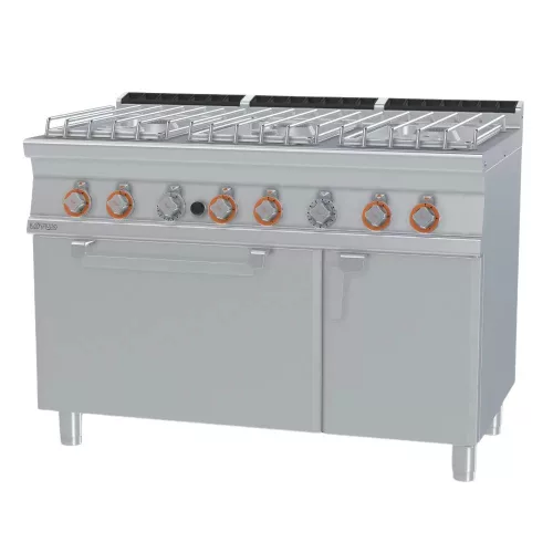 Lotus tűzhely, gázüzemű, 6 égőfejjel, gázüzemű statikus sütővel, GN2/1, tárolóval