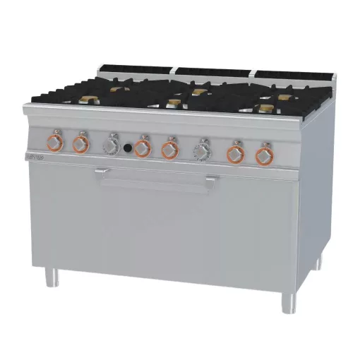 Lotus tűzhely, gázüzemű, 6 égőfejjel, gázüzemű statikus sütővel, 58 kw