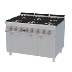   Lotus tűzhely, gázüzemű, 6 égőfejjel, gázüzemű statikus sütővel, GN2/1, tárolóval, 53,5 kw