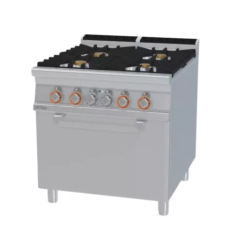 Lotus tűzhely, gázüzemű, 4 égőfejjel, elektromos légkeveréses sütővel, GN1/1, 28,0 kw + 5,32 kw