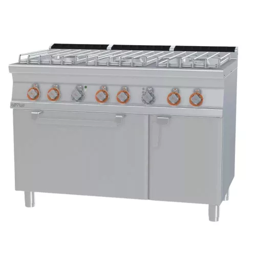 Lotus tűzhely, gázüzemű, 6 égőfejjel, elektromos légkeveréses sütővel, GN1/1, tárolóval