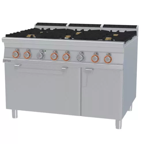 Lotus tűzhely, gázüzemű, 6 égőfejjel, elektromos légkeveréses sütővel, GN1/1, tárolóval, 45 kw+5,32 kw