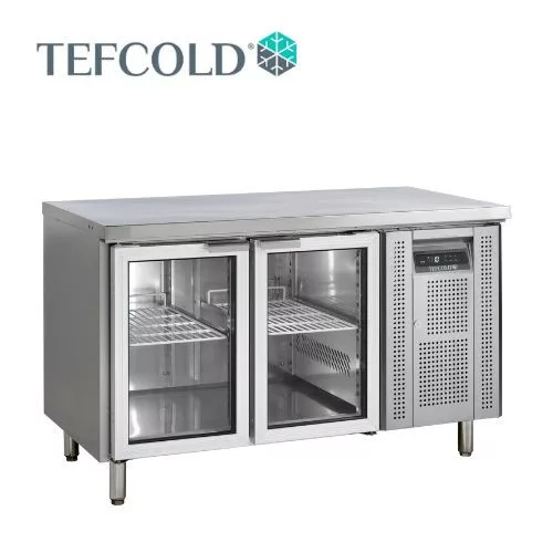 Tefcold hűtött munkaasztal, felhajtás nélkül, 2 üveg ajtóval, GN1/1, 1360x700x880 mm