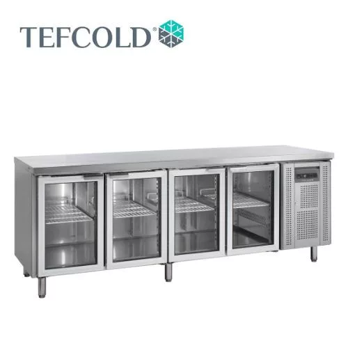 Tefcold hűtött munkaasztal, felhajtás nélkül, 4 üveg ajtóval, GN1/1, 2230x700x880 mm