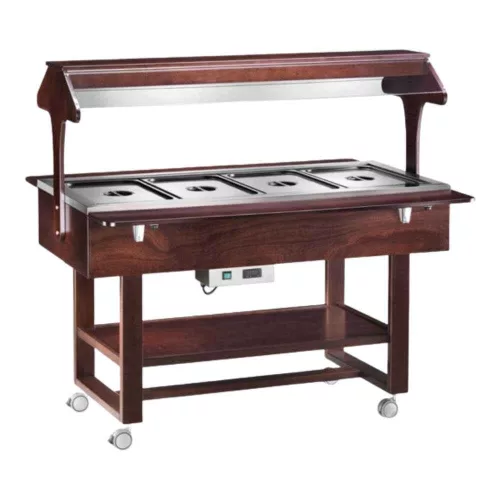 Forcar vízfürdős melegentartó kocsi, elektromos, 4 medencés, GN1/1, neon világítással, fa szerkezettel