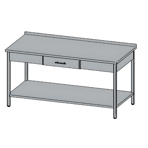 Rozsdamentes munkaasztal, fedlap alatti fiókkal, felhajtással, 150x60x85 cm