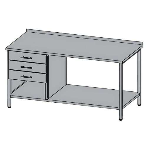 Rozsdamentes munkaasztal, 3 db fiókkal, felhajtással, 150x70x85 cm