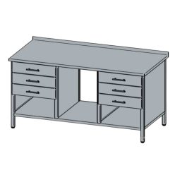   Rozsdamentes munkaasztal, 3+3 db fiókkal, felhajtással, 100x60x85 cm
