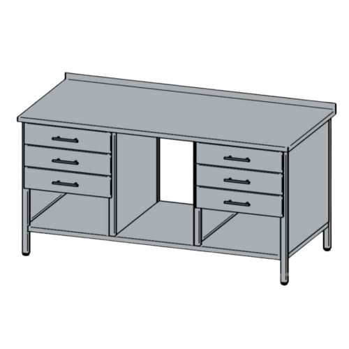 Rozsdamentes munkaasztal, 3+3 db fiókkal, felhajtással, 100x60x85 cm