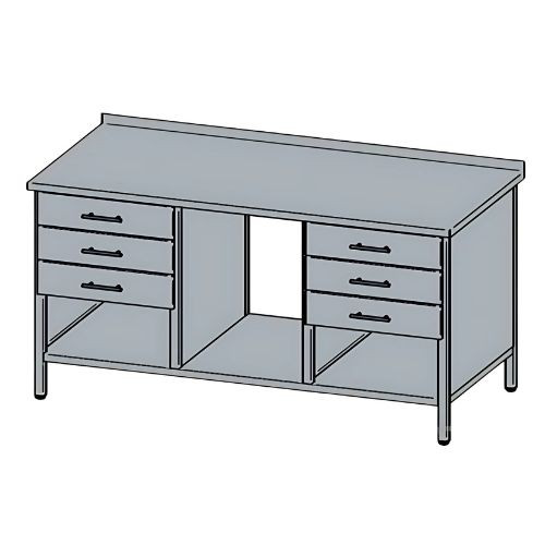 Rozsdamentes munkaasztal, 3+3 db fiókkal, felhajtással, 190x60x85 cm