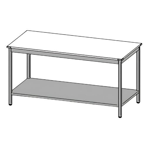 Rozsdamentes munkaasztal, műanyag fedlappal, alsó polccal, felhajtás nélkül, 110x60x85 cm