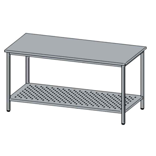 Rozsdamentes munkaasztal, perforált alsó polccal, felhajtás nélkül, 100x60x85 cm