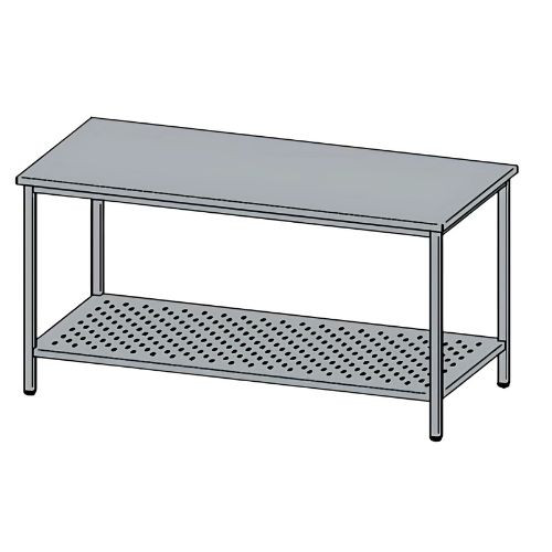 Rozsdamentes munkaasztal, perforált alsó polccal, felhajtás nélkül, 110x70x85 cm