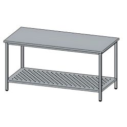   Rozsdamentes munkaasztal, perforált alsó polccal, felhajtás nélkül, 140x70x85 cm