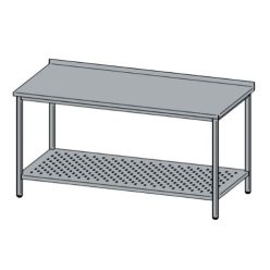   Rozsdamentes munkaasztal, perforált alsó polccal, felhajtással, 130x70x85 cm