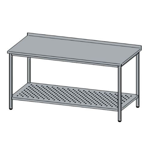 Rozsdamentes munkaasztal, perforált alsó polccal, felhajtással, 140x70x85 cm