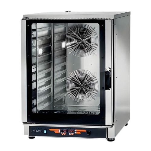 Tecnodom ipari sütő, elektromos, légkeveréses, 10 tálcás, digitális, 10 lépcsőben szabályozható direkt vízbefecskendezéses