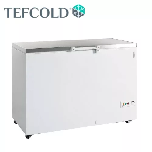Tefcold mélyhűtőláda,felnyitható teli fedéllel, 385 l, – Fehér/Rozsdamentes