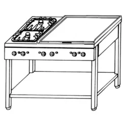   Emax Álló gáztűzhely, 2 db nyílt égővel és 1 db 4 zónás melegítőlappal, gázüzemű, 17,4 kW