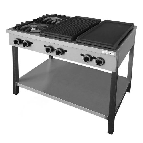 Emax Álló gáztűzhely és rostlap, 2 db nyílt égővel, bordázott és sima sütőlappal, gázüzemű, 17,4 kW