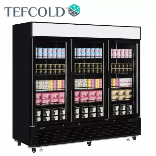 Tefcold fagyasztóvitrin, fekete, 2050 literes, 3 üvegajtós, ventillációs, 1,2 kW 