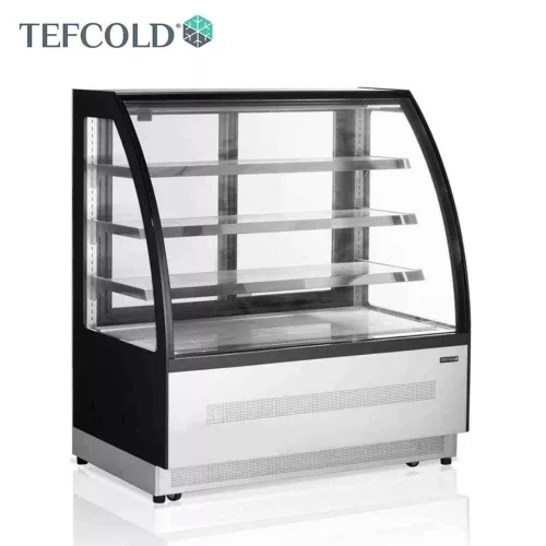 Tefcold kínáló hűtővitrin, 328 literes, hajlított frontüveges, ventilációs