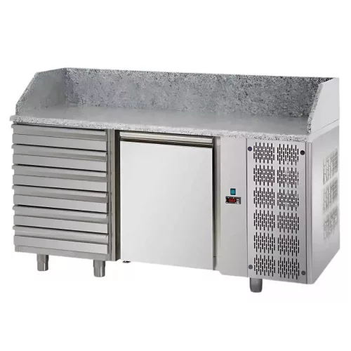 Tecnodom pizzapult, 1 ajtós, 600x400 mm, jobb oldali hűtőegység, 6 db fiók