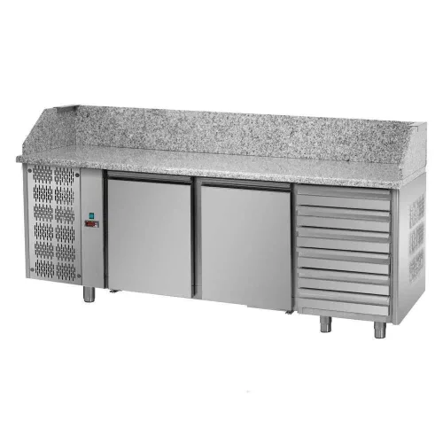 Tecnodom pizzapult, 2 ajtós, 600x400 mm, jobb oldali hűtőegység, 6 db fiók, választható feltéthűtővel