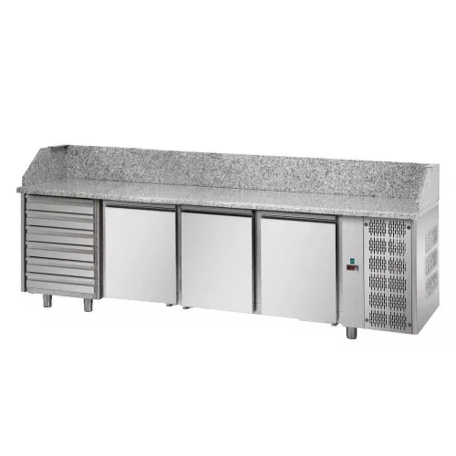 Tecnodom pizzapult, 3 ajtós, 600x400 mm, jobb oldali hűtőegység, 6 db fiók
