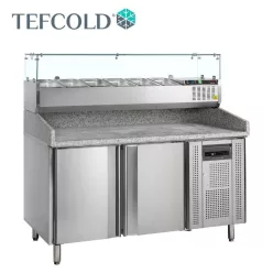   Tefcold pizza munkaasztal, feltéthűtővel, rozsdamentes acél, 2 ajtós, gránit fedlap