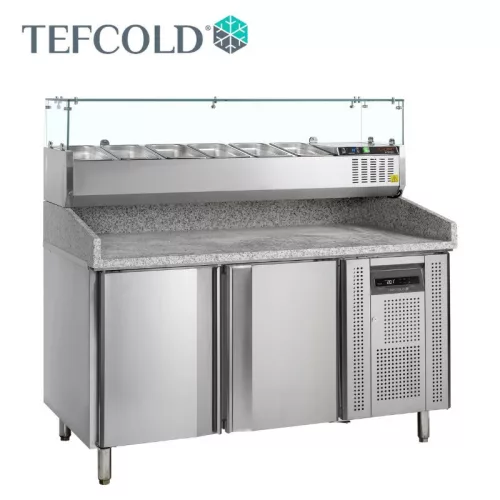 Tefcold pizza munkaasztal, feltéthűtővel, rozsdamentes acél, 2 ajtós, gránit fedlap