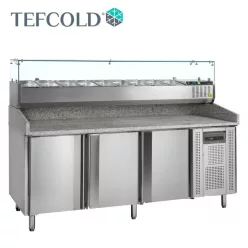   Tefcold pizza munkaasztal, feltéthűtővel, jobb oldali hűtőegység, 3 ajtós, gránit fedlap