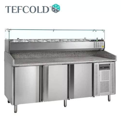 Tefcold pizza munkaasztal, feltéthűtővel, jobb oldali hűtőegység, 3 ajtós, gránit fedlap