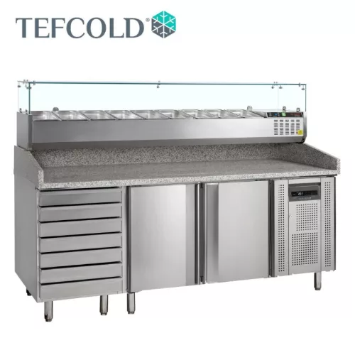 Tefcold pizza munkaasztal, feltéthűtővel, 2 ajtó + fiókos rész, gránit fedlap