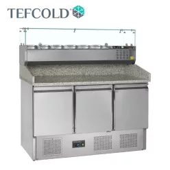   Tefcold pizza munkaasztal, feltéthűtővel, rozsdamentes acél, 3 ajtós, gránit fedlap