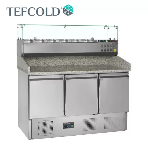 Tefcold pizza munkaasztal, feltéthűtővel, rozsdamentes acél, 3 ajtós, gránit fedlap