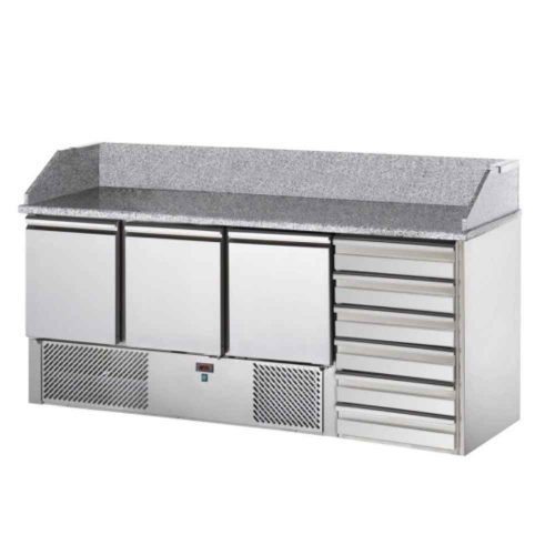 Tecnodom salátahűtő pult, GN1/1, 3 ajtóval és 6 fiókkal, gránit vágófelülettel