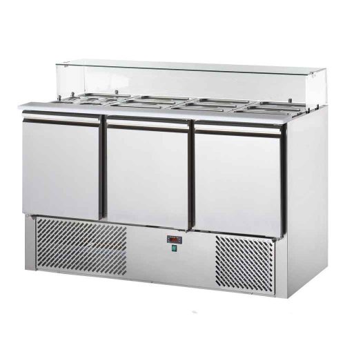 Tecnodom salátahűtő pult, GN1/1, 3 ajtós, polietilén peremmel, leheletvédővel