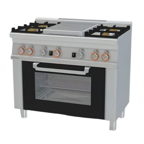 Lotus tűzhely, gázüzemű, 1 zónás francia lappal, 4 égőfejjel, gázüzemű statikus sütővel, 27,5 kw