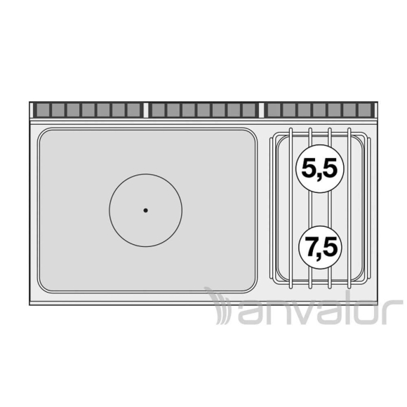 TŰZHELY, gázüzemű, 1 zónás francia lappal, 2 égőfejjel, nyitott tárolóval, 25 kW