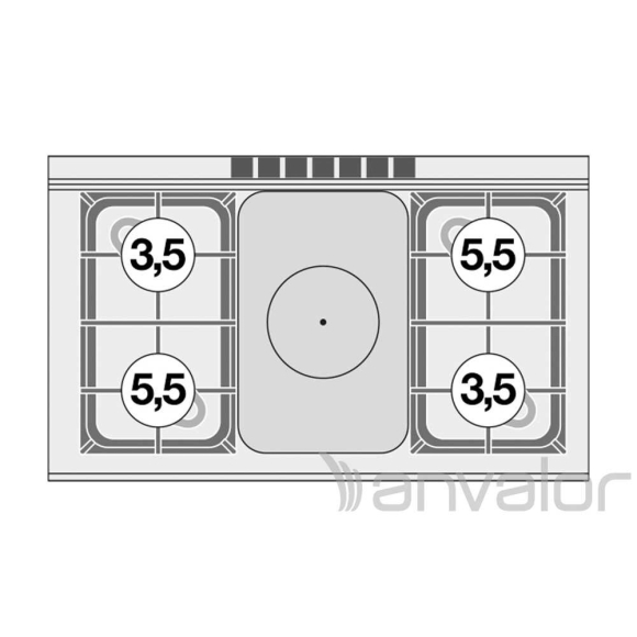 TŰZHELY, gázüzemű, 1 zónás francia lappal, 4 égőfejjel, gázüzemű statikus sütővel, 27,5 kW
